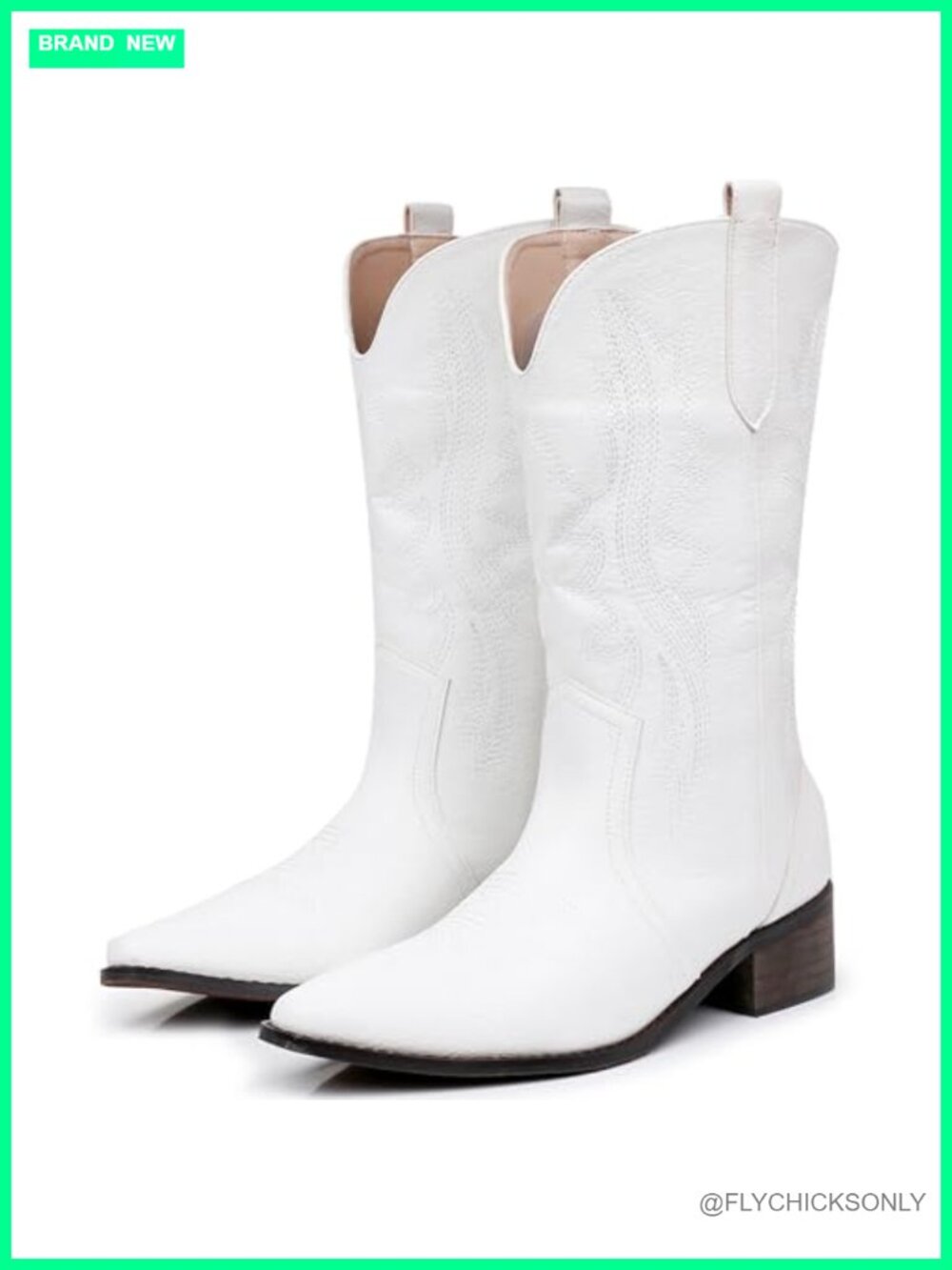 Cowboy Boots Women Western Embroidery Pointed Toe Chunky Heel Mid-Calf Faux